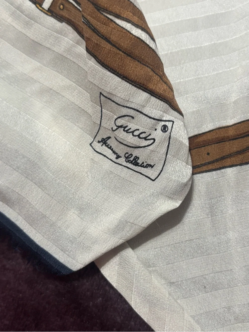 Gucci Ivory Scarf with Brown Belt Print and Navy Trim